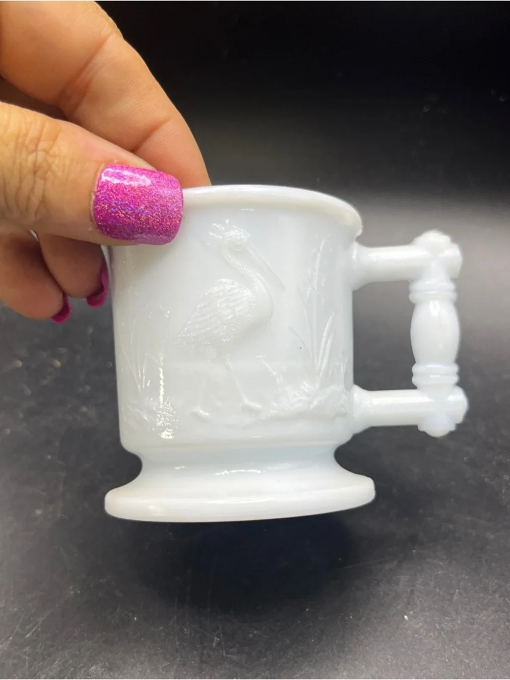 Antique EAPG Atterbury Milk Glass Child Mug Robin Bird Wheat Eastlake 1880s